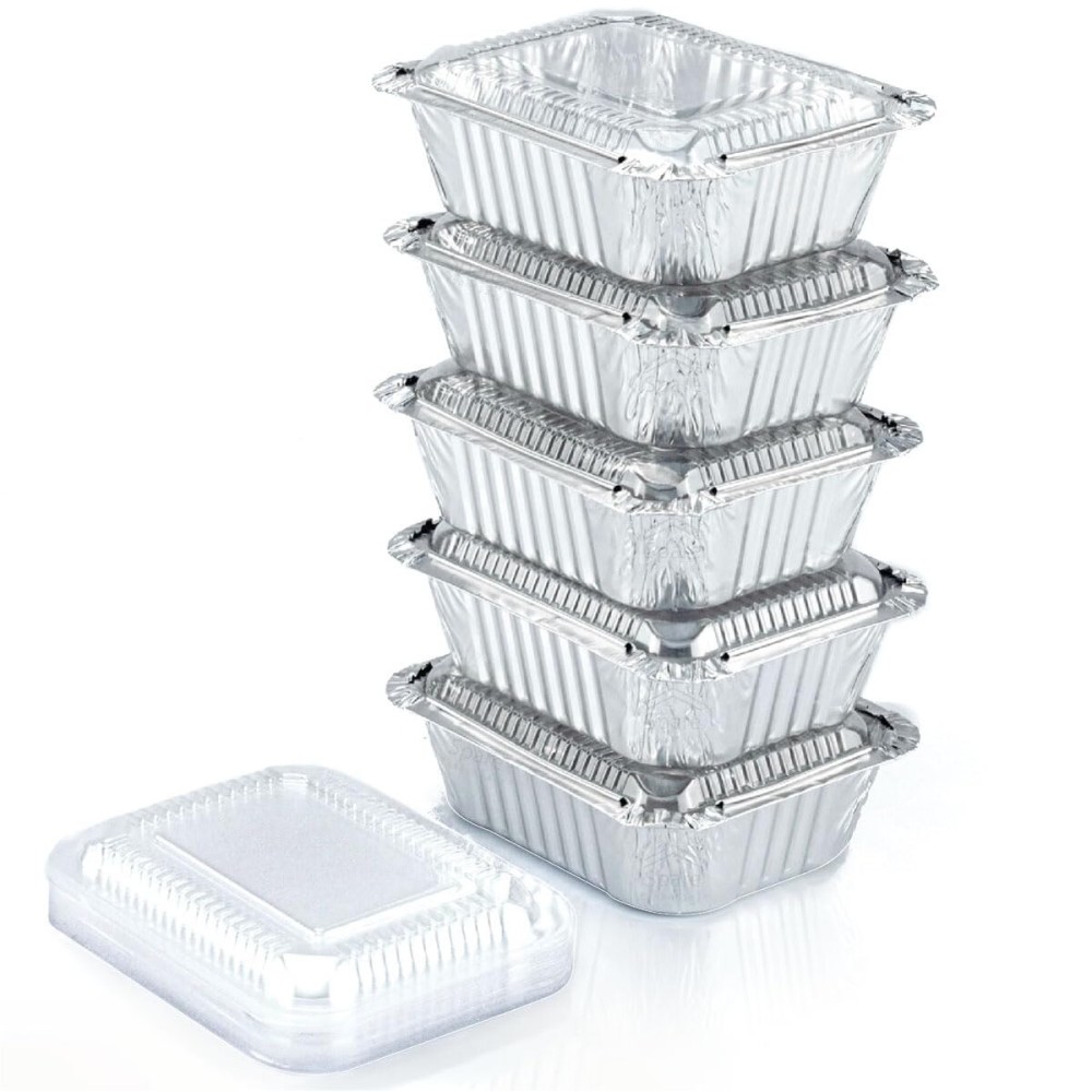 (55 Pack) 1 Lb Aluminum Pans with Lids, Disposable Baking Foil Containers, Takeout Food Storage, Freezer - Mini Foil Pans with Clear Lids for Restaurants & Catering - Size 5.5x4.5x1.9 Spare Essentials