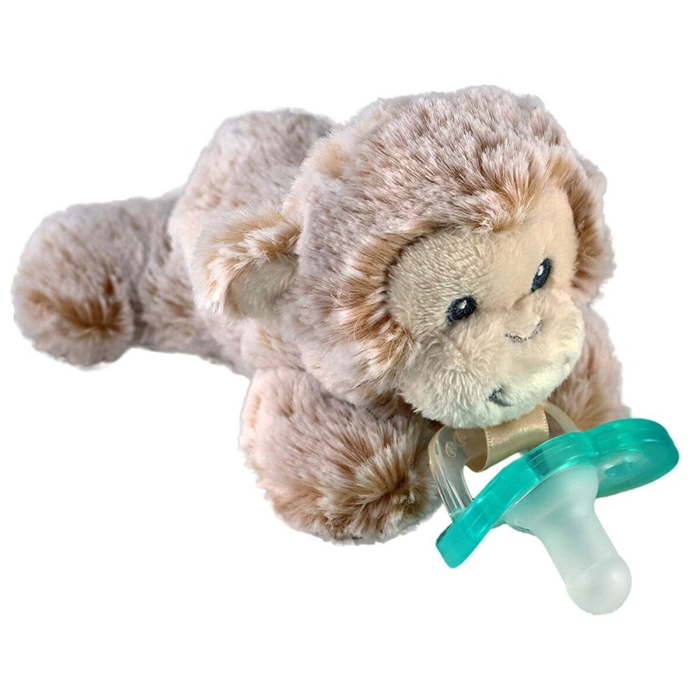 RaZbaby JollyPop Pacifier, Holder w/Detachable Baby Pacifier, Stuffed Animal RaZbuddy, All Ages 0M+, 100% Medical Grade USA Made Silicone, Machine Washable, Textured & Easy to Hold - Monkey
