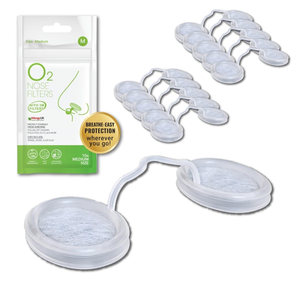 O2 Nose Filters with 3M Filtration - Nasal Screens for Allergies, Dust & Smoke - Drug-Free & Latex-Free Nose Filters - Invisible Allergy Protection (Medium x 10)