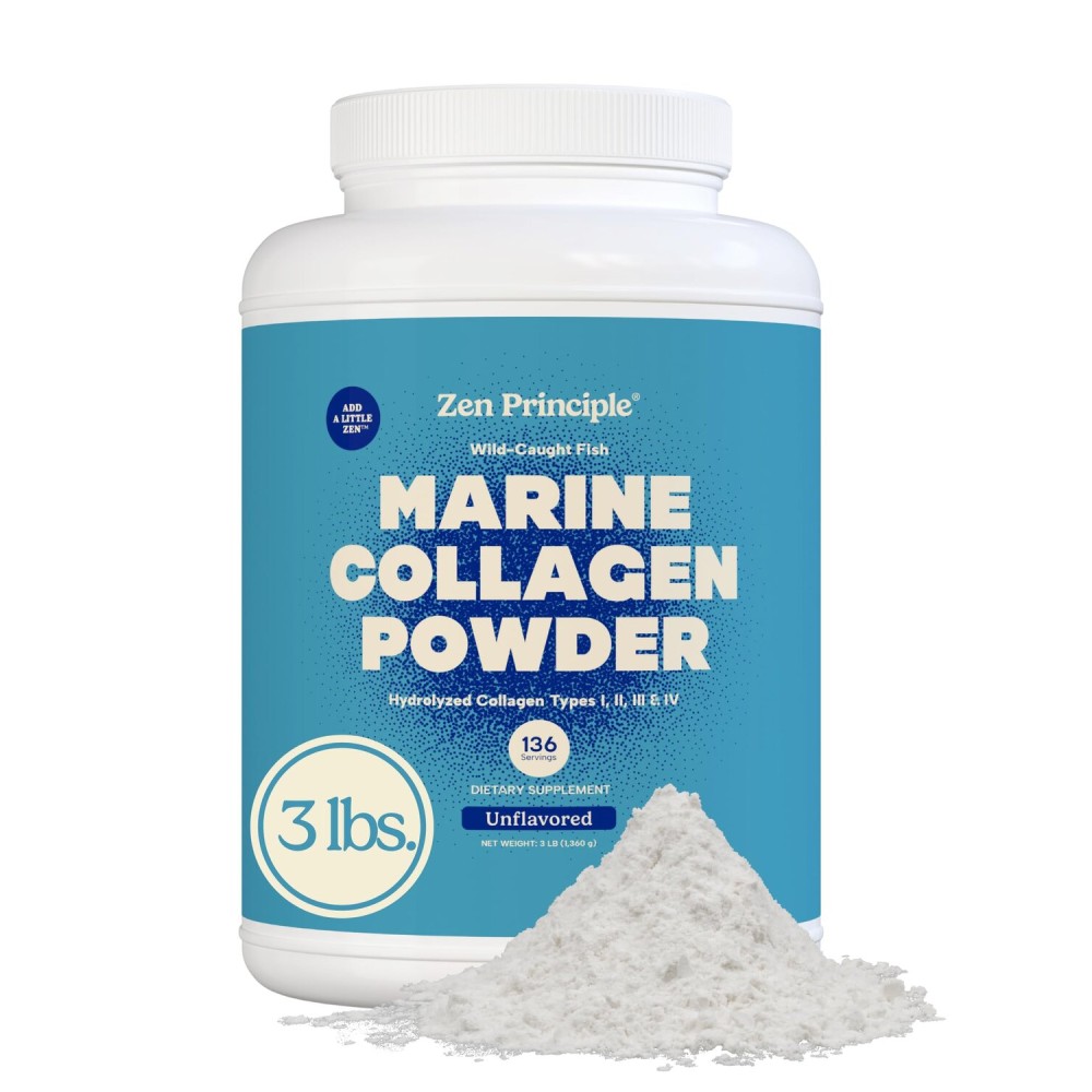 Zen Principle Marine Collagen Peptides Powder 3lb. Wild-Caught Fish, Non-GMO. Supports Healthy Skin, Hair, Joints, and Bones. Hydrolyzed Type 1 & 3 Protein. Amino Acids, Unflavored, Easy to Mix.