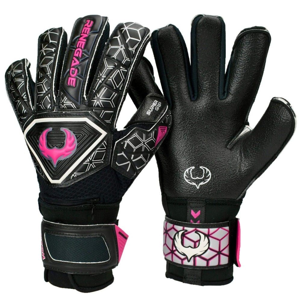 Renegade GK Triton Frenzy Goalie Gloves with Pro-Tek Fingersaves | 3.5+3mm Super Grip & 4mm Duratek | Black & Pink Goalkeeping Gloves (Size 9, Youth-Adult, Roll-Neg. Hybrid Cut, Level 2)