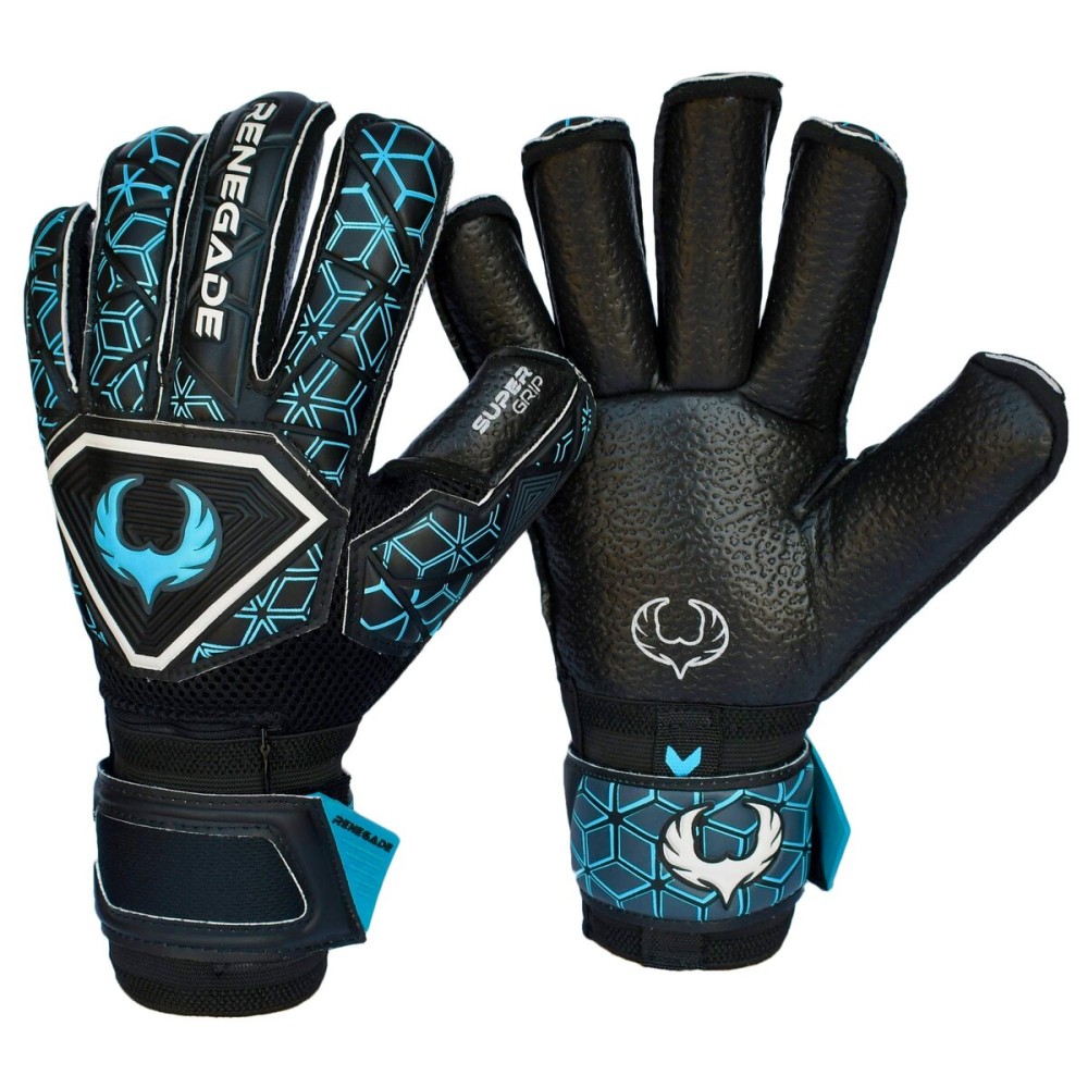 Renegade GK Triton Specter Goalie Gloves with Pro-Tek Fingersaves | 3.5+3mm Super Grip & 4mm Duratek | Black & Blue Goalkeeping Gloves (Size 9, Youth-Adult, Roll Cut, Level 2)