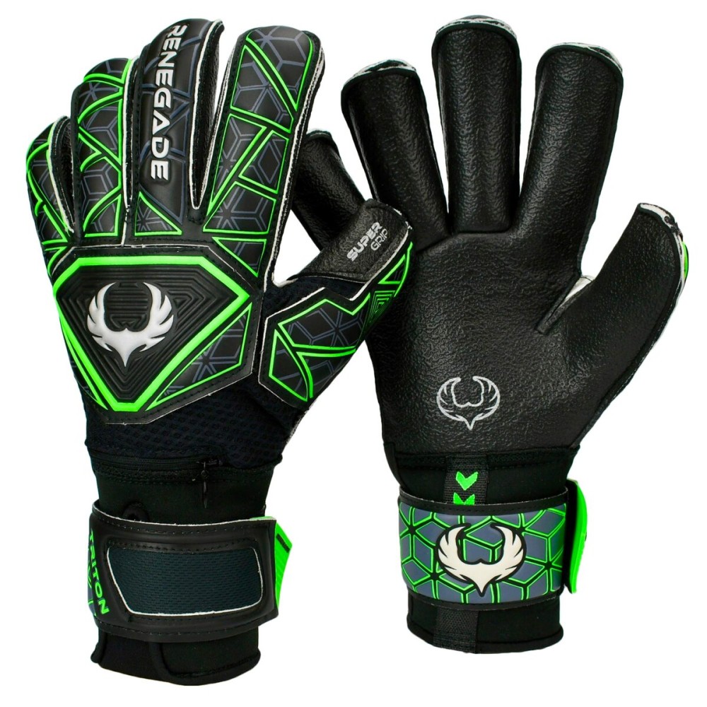 Renegade GK Triton Raider Goalie Gloves with Pro-Tek Fingersaves | 3.5+3mm Super Grip & 4mm Duratek | Black & Green Soccer Goalkeeper Gloves (Size 5, Youth, Kids, Roll Cut, Level 2)