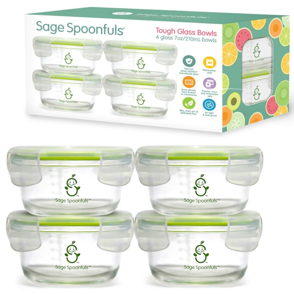 Sage Spoonfuls Glass Baby Food Containers with Lids - 6 Pack, 4 oz & 7oz Baby Food Jars, Durable, Leakproof, Airtight, Freezer Storage, Reusable Glass Baby Food Containers, Microwave & Dishwasher Safe