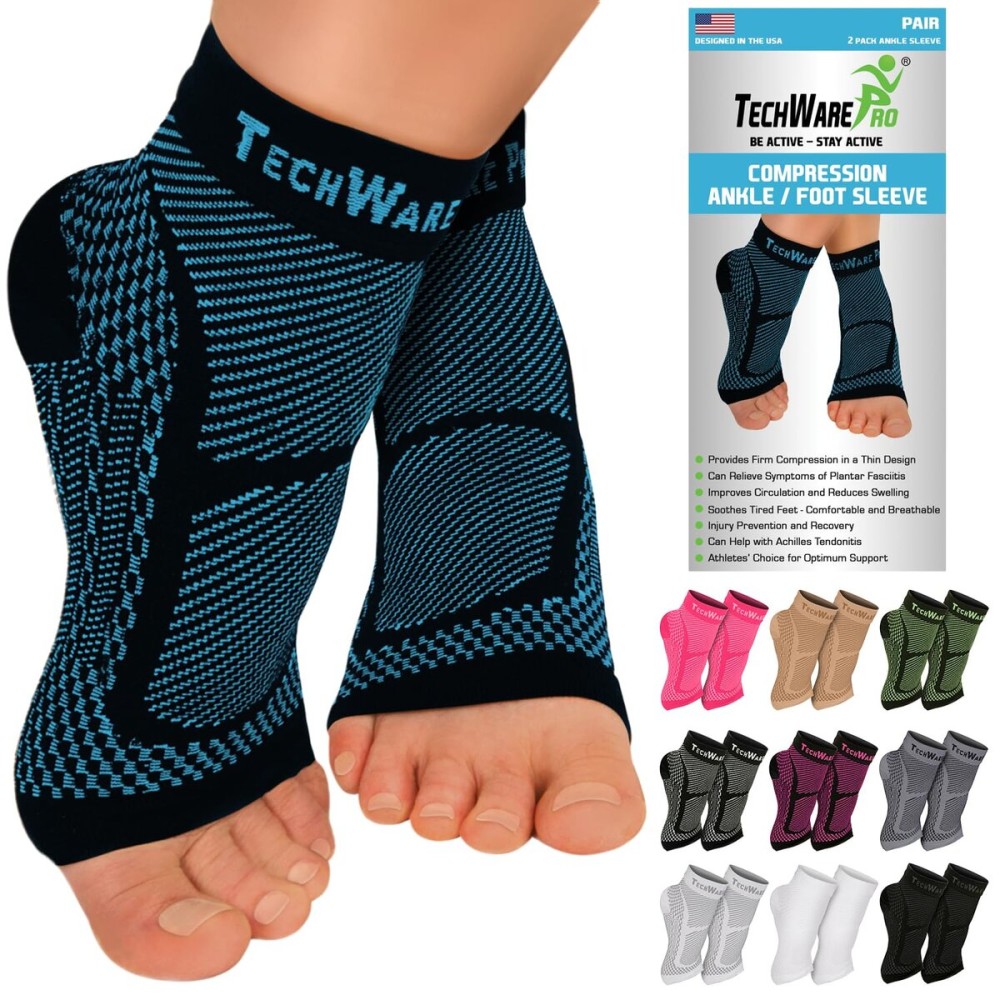 TechWare Pro Ankle Brace Compression Sleeve - Relieves Achilles Tendonitis, Joint Pain. Plantar Fasciitis Foot Sock with Arch Support Reduces Swelling & Heel Spur Pain. (Black/Blue, XXL)