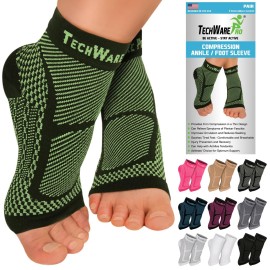 TechWare Pro Ankle Brace Compression Sleeve - Relieves Achilles Tendonitis, Joint Pain. Plantar Fasciitis Foot Sock with Arch Support Reduces Swelling & Heel Spur Pain. (Black/Green, XXL)
