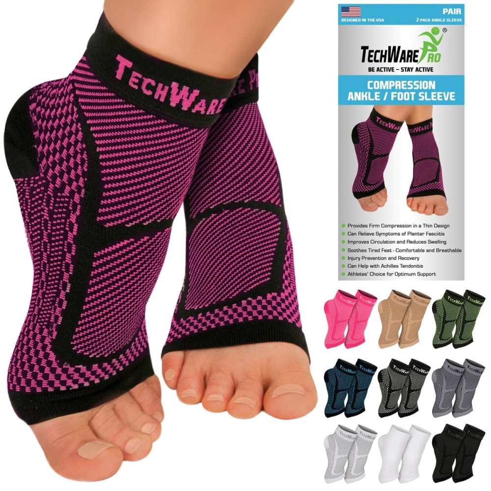 TechWare Pro Ankle Brace Compression Sleeve - Relieves Achilles Tendonitis, Joint Pain. Plantar Fasciitis Foot Sock with Arch Support Reduces Swelling & Heel Spur Pain. (Black/Pink, S/M)