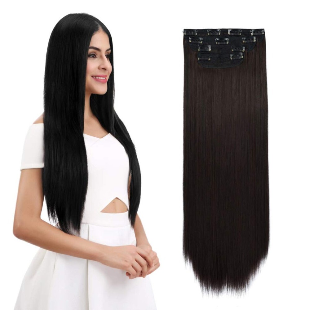 REECHO 18 Straight Long 4 PCS Set Thick Clip in on Hair Extensions Dark Brown with Little Reddish