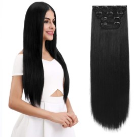 REECHO 24 Straight Long 4 PCS Set Thick Clip in on Hair Extensions Natural Black