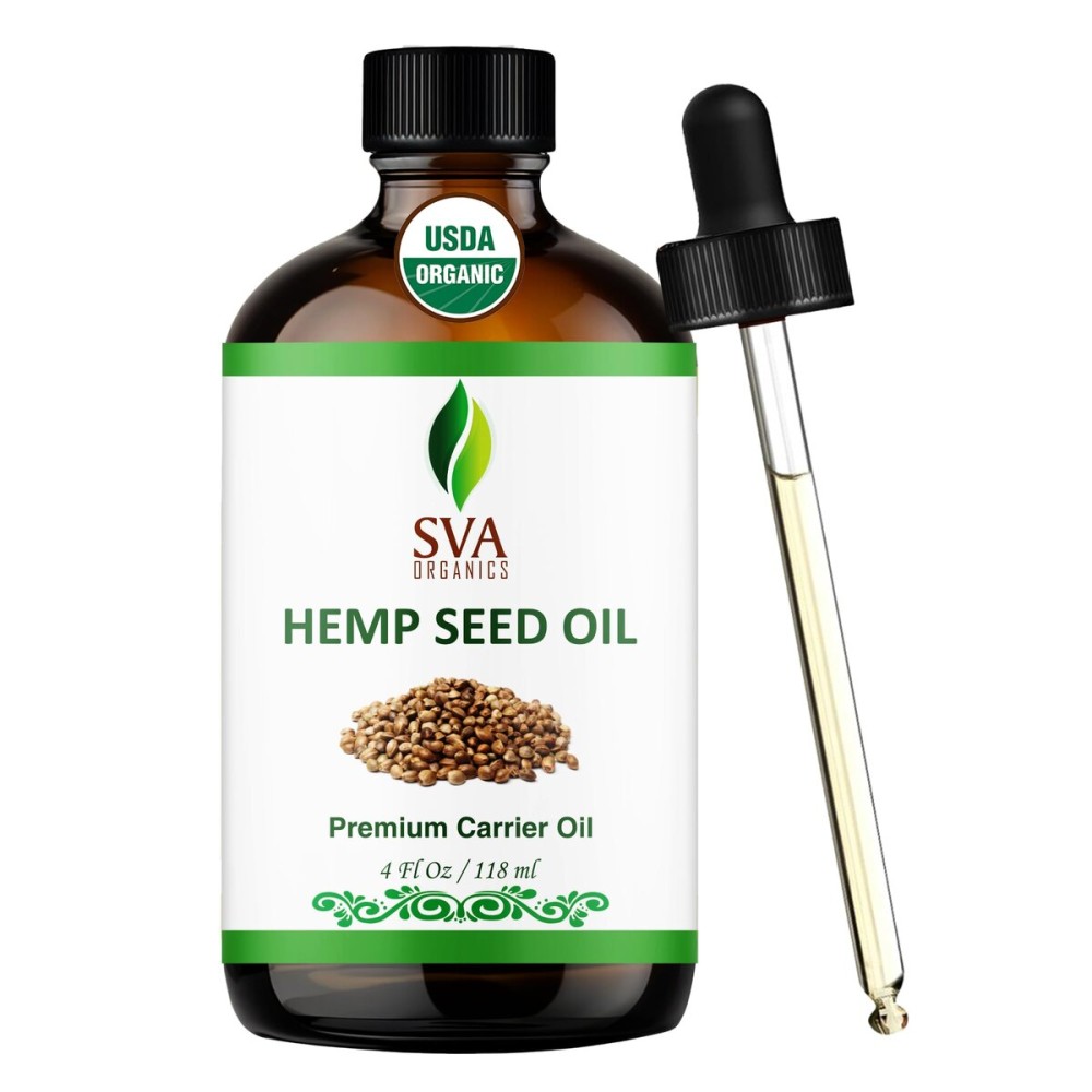 SVA ORGANICS Hemp Seed Oil Cold Pressed 4oz (118 ml) Premium Carrier Oil With Dropper For Skin Care, Hair Care, Scalp Massage, Body Massage, Hair Products, Cosmetics & Soap