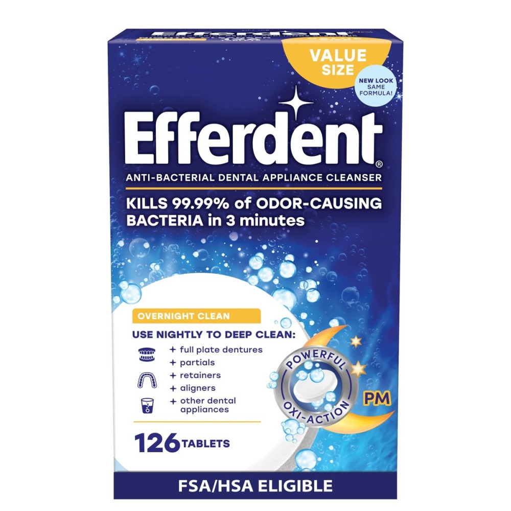 Efferdent Retainer Cleaning Tablets, Denture Cleaning Tablets for Dental Appliances, Overnight Whitening, 126 Count