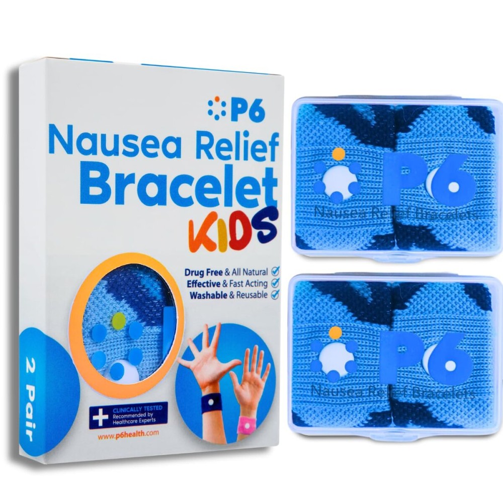P6 Motion Sickness Bands for Kids Childrens Wristbands for Anti Nausea Sea Cruise Travel Car Sickness All-Natural Non Drowsy Relief Acupressure Treatment (2 Pack, Blue - Blue)