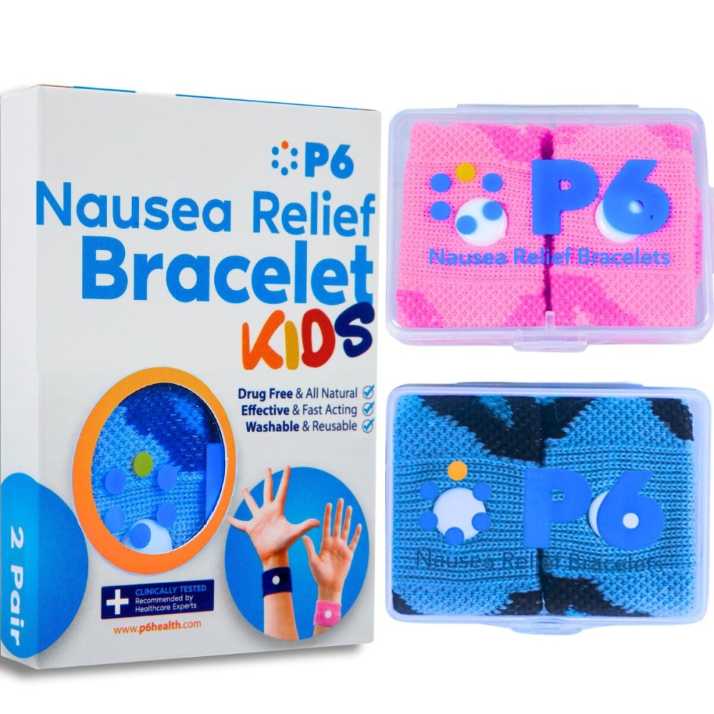 P6 Motion Sickness Bands for Kids Childrens Wristbands for Anti Nausea Sea Cruise Travel Car Sickness All-Natural Non Drowsy Relief Acupressure Treatment (2 Pack, Pink - Blue)