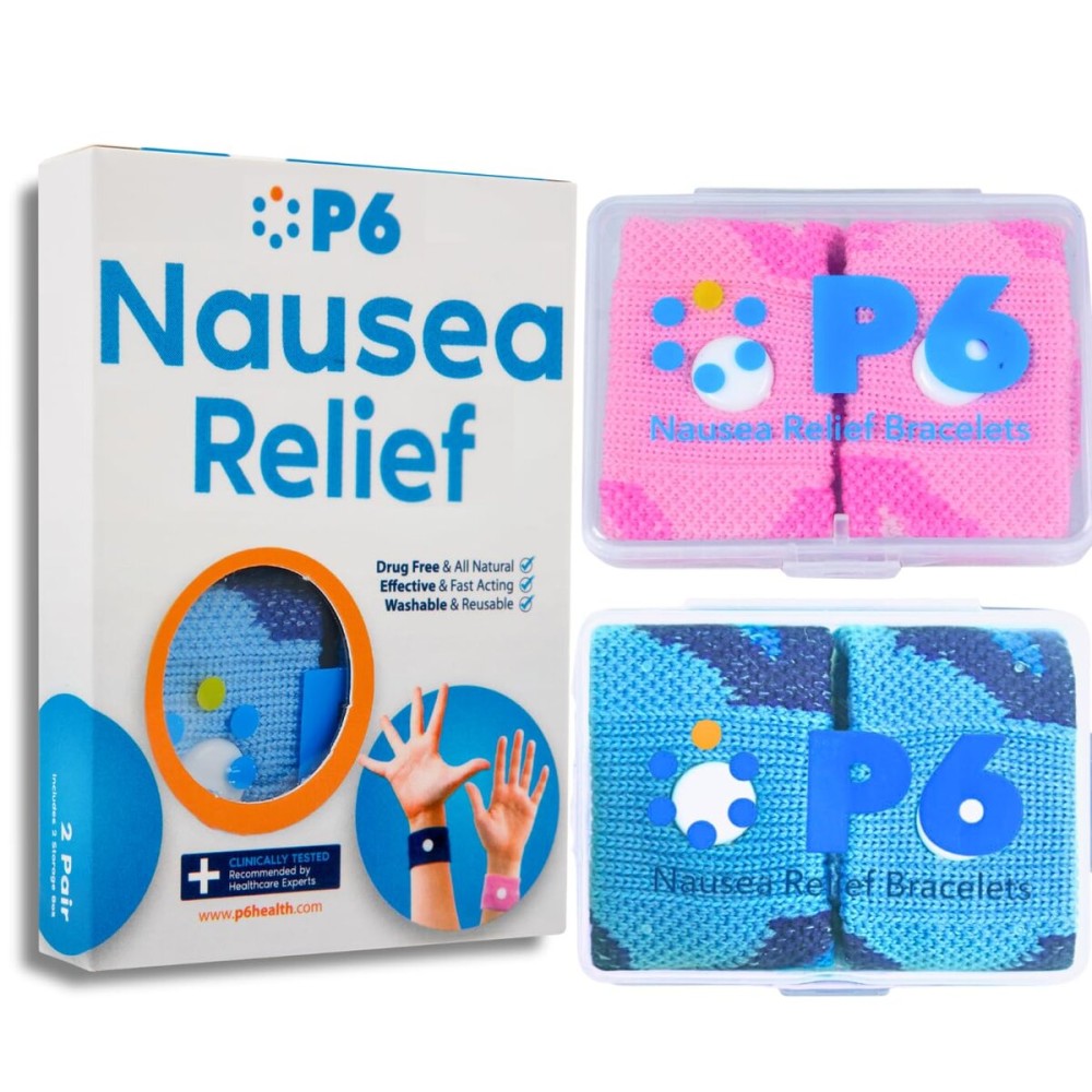 P6 Motion Sickness Bands for Adults Wristbands for Anti Nausea Sea Cruise Travel Car Pregnancy Morning Sickness All-Natural Non Drowsy Relief Acupressure Treatment (2 Pack Pink - Blue)