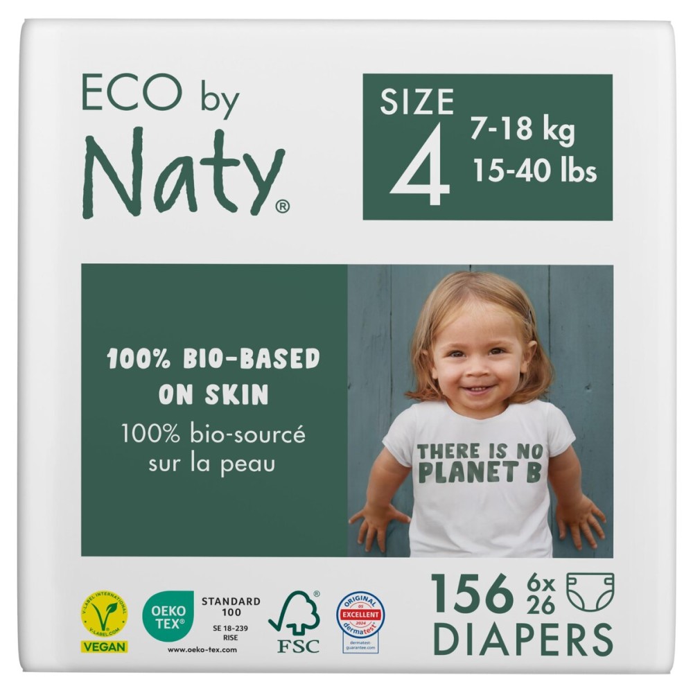 Eco by Naty Eco-Friendly Baby Diapers - 100% Plant-Based Materials on Skin, Soft, for Sensitive Skin & Super Absorbent (Size 4, 156 Count)