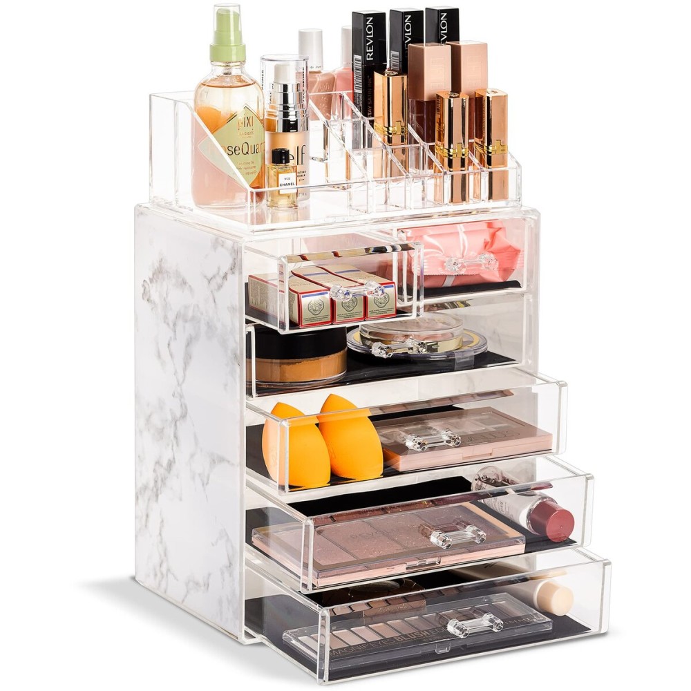 Sorbus Acrylic Makeup Organizer Set, 6-Drawer Vanity & Countertop Cosmetic Storage with Small & Wide Compartments, Marble Print Makeup Storage for Brushes, Jewelry - Holiday Gift for Women & Teens