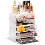 Sorbus Acrylic Makeup Organizer Set, 6-Drawer Vanity & Countertop Cosmetic Storage with Small & Wide Compartments, Marble Print Makeup Storage for Brushes, Jewelry - Holiday Gift for Women & Teens