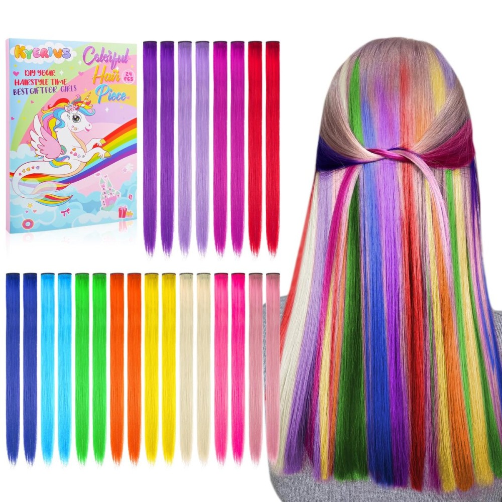 Christmas Gift Stocking Stuffers for Girl Toy 24PC Colored Clip in Hair Extension Age 4 5 6 7 8-10-12 Year Old, 20Inch Colorful Hair Accessories Rainbow Hairpieces Birthday for Girls Easter Valentines