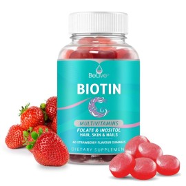 BeLive Biotin Gummies with MultiVitamins, Folate, Inositol - Supports Hair Growth, Healthy Skin & Nails - Vegan, Pectin Based - Strawberry Flavor (1)