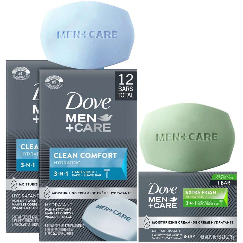Dove Men+Care Clean Comfort Soaps (2 Boxes/12 Bars)+ Extra Fresh Soap (1 Bar) - Hydrating & Refreshing 3-in-1 Hand & Body, Face + Shave Soap Bundle