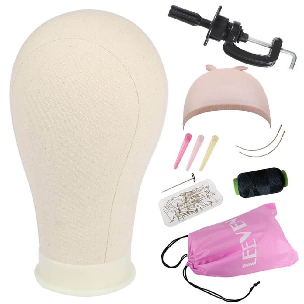 Leeven 21-24 Canvas Wig Head Poly Manikin Head for Making Wigs Professional Mannequin Head with 20 Pcs T Pins and Clamp Stand 23 Inch