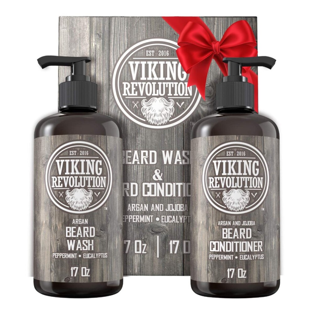 Viking Revolution Beard Wash & Conditioner Set w/Argan & Jojoba Oils - Softens, Smooths & Strengthens Beard Growth - Natural Peppermint and Eucalyptus Scent - Shampoo (17 oz)