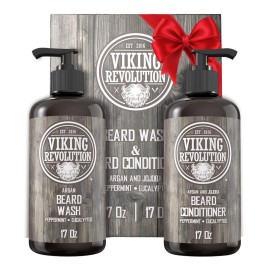Viking Revolution Beard Wash & Conditioner Set w/Argan & Jojoba Oils - Softens, Smooths & Strengthens Beard Growth - Natural Peppermint and Eucalyptus Scent - Shampoo (17 oz)