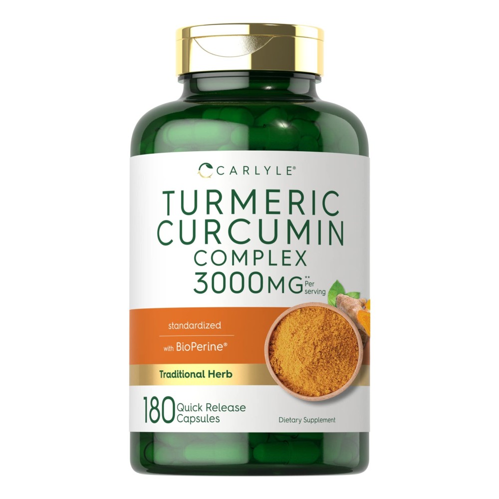 Carlyle Turmeric Curcumin Supplement | 3000mg 180 Capsules | with Black Pepper, Curcuminoids and Bioperine | Non-GMO, Gluten Free