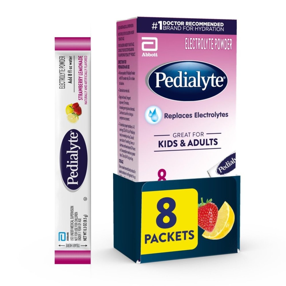 Pedialyte Electrolyte Powder, Hydration Drink for Kids & Adults, Strawberry Lemonade, 8 Powder Packets