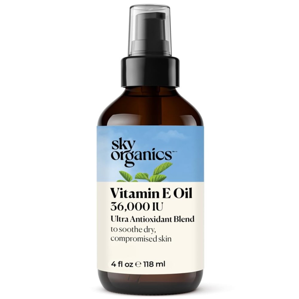 Sky Organics Vitamin E Oil Blend for Face, Organic Antioxidant Facial Oil, 36,000 IUs to Deliver Reparative Moisture and Soothe Dry, Damaged Skin, 100% Pure & Cold-Pressed, 3.97 fl oz, 117 ml