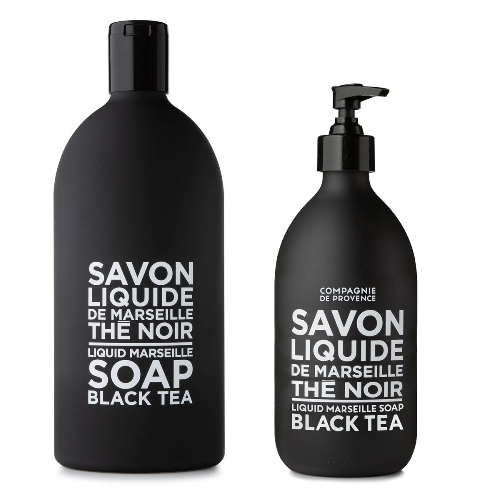 Compagnie de Provence Savon de Marseille Extra Pure Liquid Soap - Black Tea - 16.7 Fl Oz Glass Pump Bottle and 33.8 fl oz Plastic Bottle Refill
