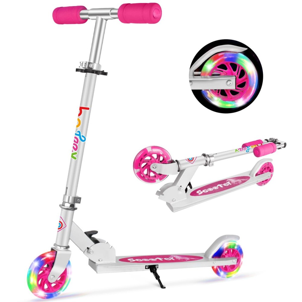 BELEEV V1 Kids Scooters for Girls, 2 Wheel Folding Kick Scooter with Light Up Wheels, 3 Adjustable Height, Lightweight Push Scooter with Kickstand for Children 3 to 12 Years Old (Pink)