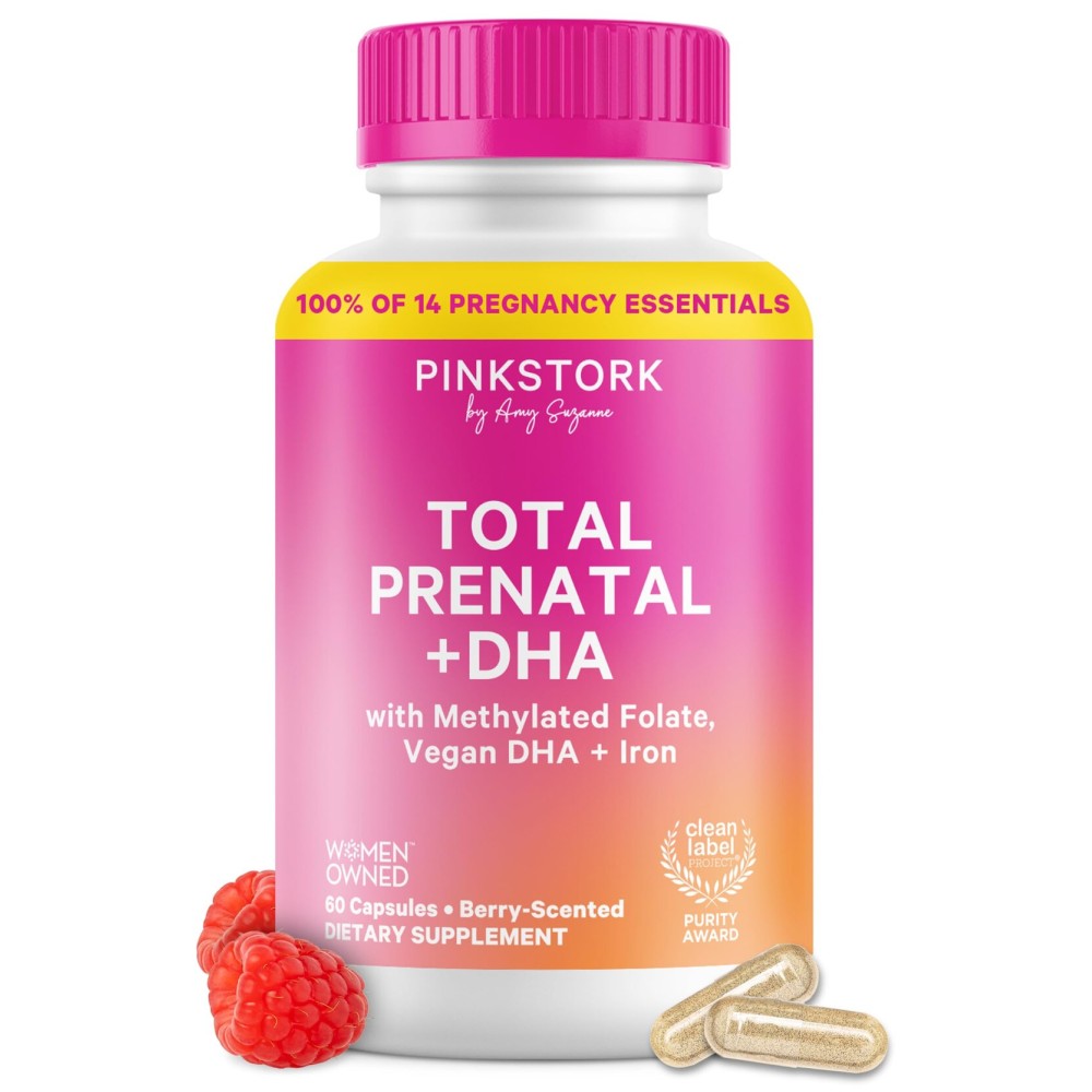 Pink Stork Total Prenatal Vitamins with DHA, Folate, Iron, Choline, and Vitamin B12 - Prenatals for Women to Support Fetal Development, Pregnancy Essentials, Berry Essence, 60 Capsules, 1 Month Supply