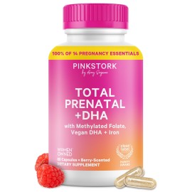 Pink Stork Total Prenatal Vitamins with DHA, Folate, Iron, Choline, and Vitamin B12 - Prenatals for Women to Support Fetal Development, Pregnancy Essentials, Berry Essence, 60 Capsules, 1 Month Supply