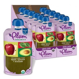 Plum Organics Stage 2 Organic Baby Food - Apple, Spinach, and Avocado - 3.5 oz Pouch (Pack of 12) - Organic Fruit and Vegetable Baby Food Pouch