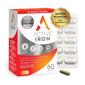 Active Iron Supplement 25mg - Clinically Proven to Increase Iron & Energy Levels - Gentle, Non-Constipating, Highly Absorbed - 60 Capsules