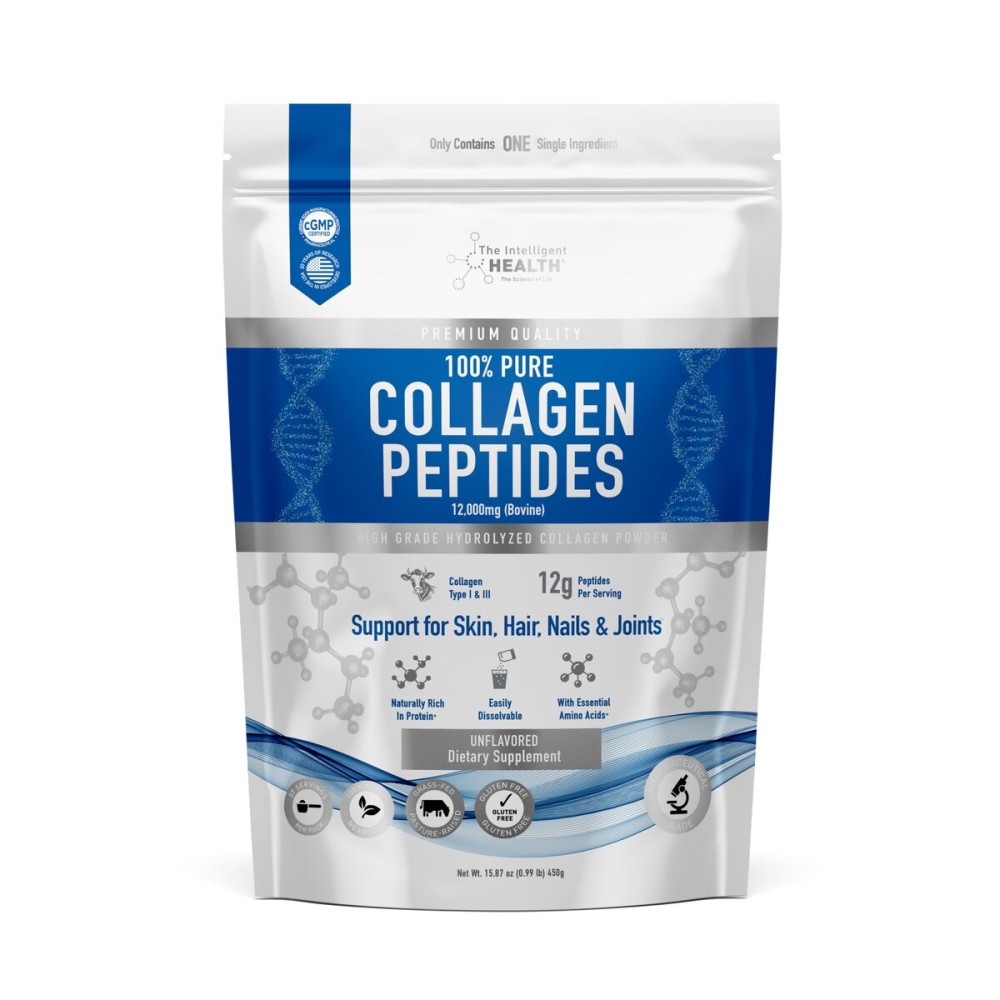 The Intelligent Health Collagen Peptides Powder, 45 Servings, Hydrolyzed Collagen, Type I & III, Grass Fed, Unflavored, Gluten Free, Keto/Paleo, 10g Servings, 15.9 Oz, Skin Support, Hair, Nail, Joints