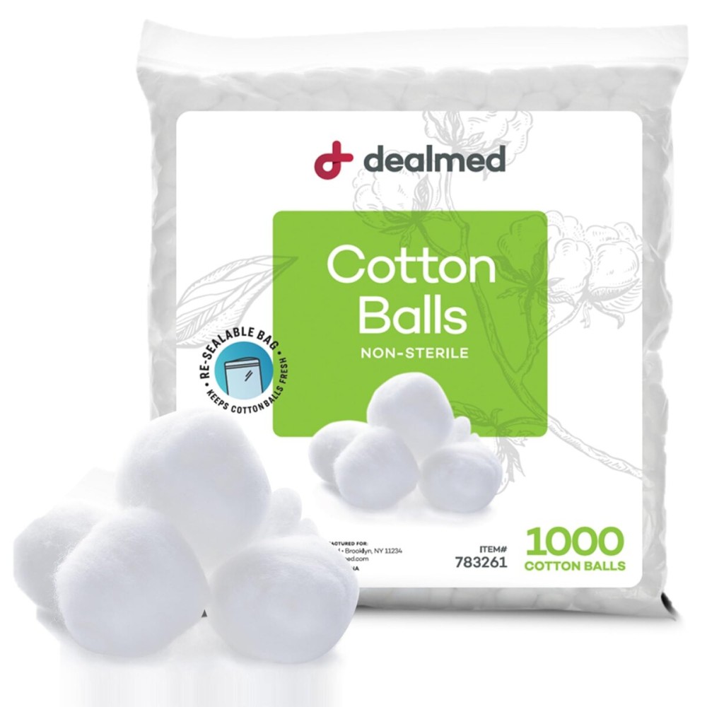 Dealmed 1000 ct. Cotton Balls for Face, Makeup, Medical Uses, & DIY Crafts | Non-Sterile Bulk Pack | Resealable Zip-Locked Bag | 100% Pure Cotton, Soft, Absorbent, Gentle (Pack of 1)