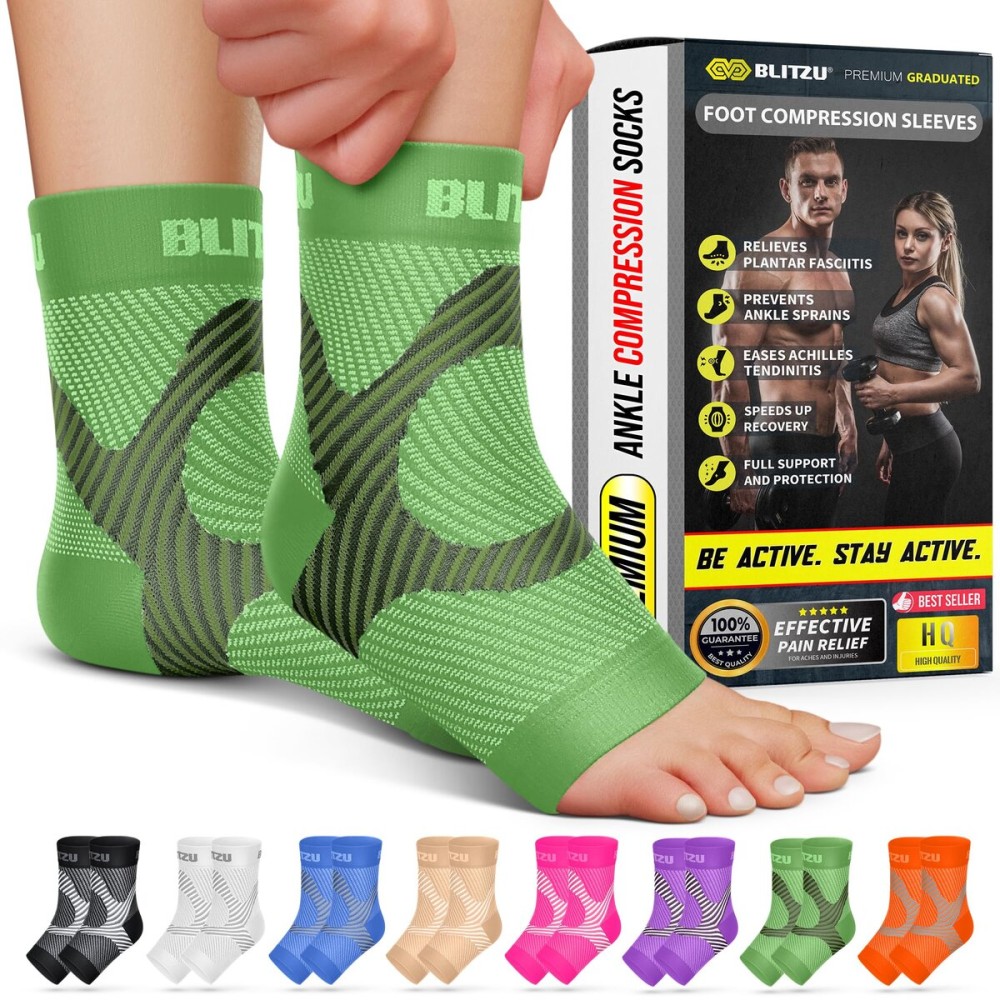 BLITZU Compression Socks for Plantar Fasciitis, Achilles Tendonitis, Arthritis Relief, Ankle Brace Compression Sleeve with Foot Arch Support, Ankle Wrap for Women, Men, Swelling & Heel Pain Green XXL