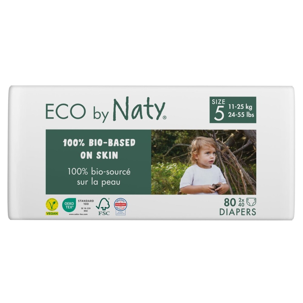 Eco by Naty Eco-Friendly Baby Diapers - 100% Plant-Based Materials on Skin, Soft, for Sensitive Skin & Super Absorbent (Size 5, 80 Count)