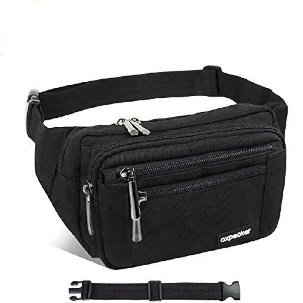 Oxpecker Waist Pack Bag with Rain Cover, Waterproof Fanny Pack for Men&Women, Workout Traveling Casual Running Hiking Cycling, Hip Bum Bag (black fanny pack&extended band)