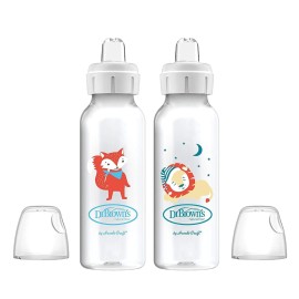 Dr. Brown\'s Milestones Narrow Sippy Bottle, 100% Silicone Soft Sippy Spout, 8oz/250mL, 6m+, Fox & Lion, 2 Pack