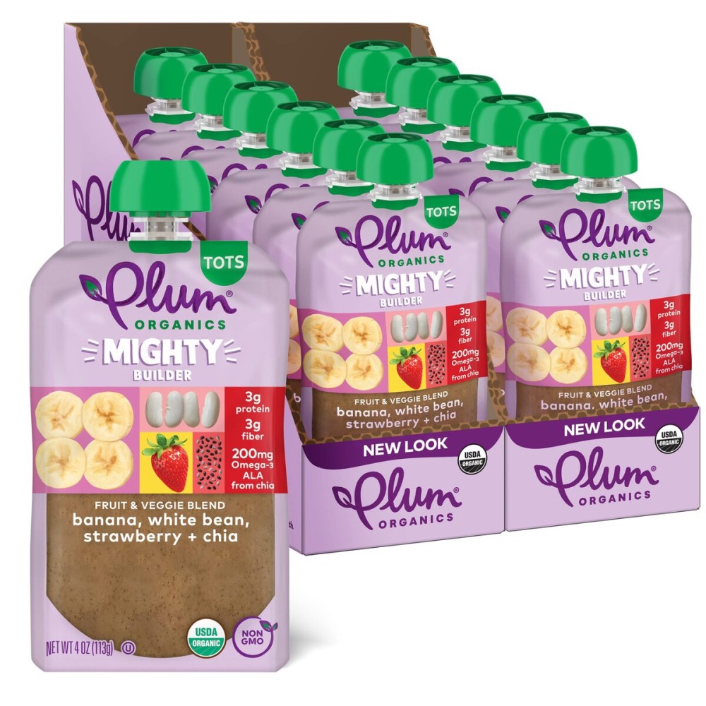 Plum Organics Mighty Builder Organic Toddler Food - Banana, White Bean, Strawberry, and Chia - 4 oz Pouch (Pack of 12) - Organic Fruit and Vegetable Toddler Food Pouch