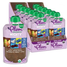 Plum Organics Mighty Builder Organic Toddler Food - Pear, White Bean, Blueberry, Date, and Chia - 4 oz Pouch (Pack of 12) - Organic Fruit and Vegetable Toddler Food Pouch