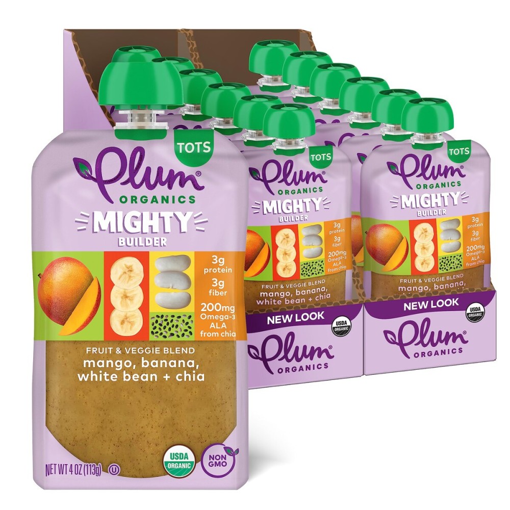 Plum Organics Mighty Builder Organic Toddler Food - Mango, Banana, White Bean, and Chia - 4 oz Pouch (Pack of 12) - Organic Fruit and Vegetable Toddler Food Pouch
