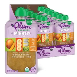 Plum Organics Mighty Builder Organic Toddler Food - Mango, Banana, White Bean, and Chia - 4 oz Pouch (Pack of 12) - Organic Fruit and Vegetable Toddler Food Pouch
