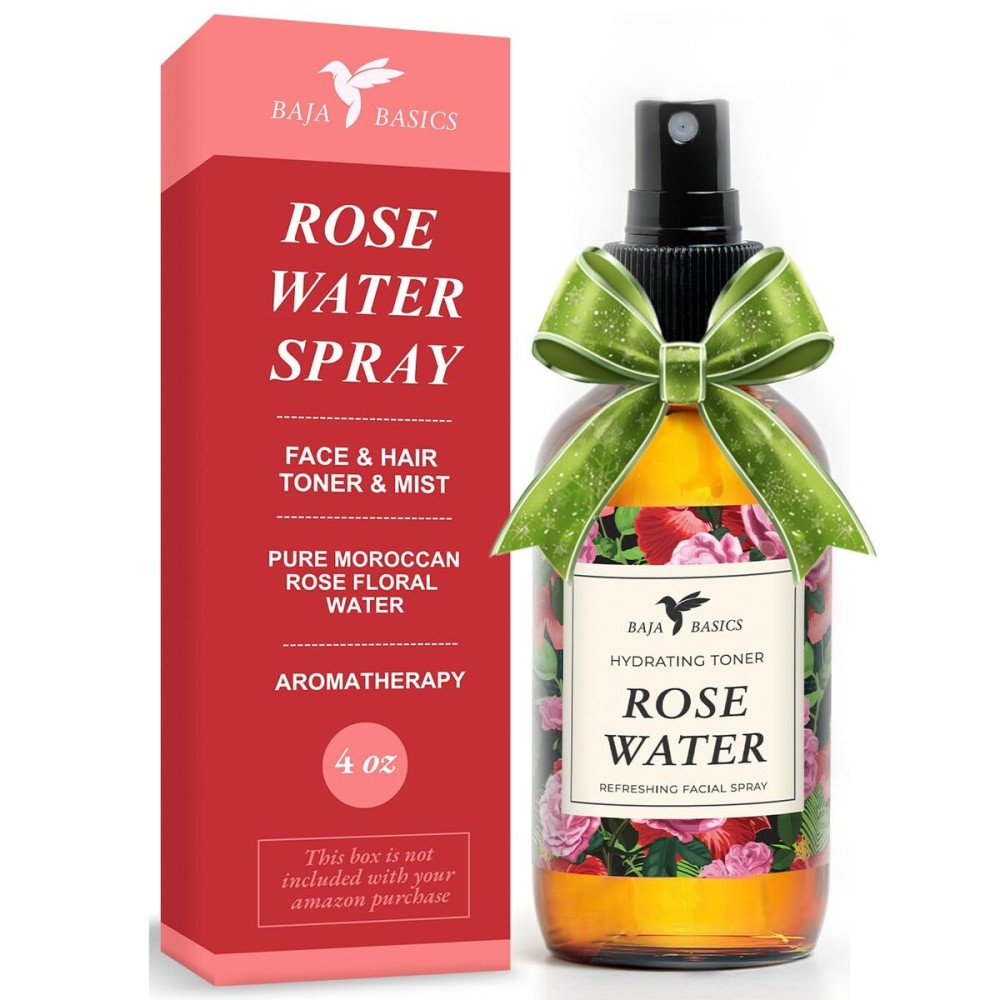 Rose Water Spray for Face by Baja Basics - Pure, Organic Rosewater Facial Toner for Hair and Aromatherapy Large 4 oz