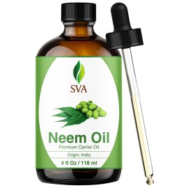 SVA Neem Seed Oil - 4 Fl Oz - 100% Natural Cold Pressed Neem Oil - for Face, Skin Care, Hair Care, Scalp Massage & Body Massage - Carrier Oil with Dropper