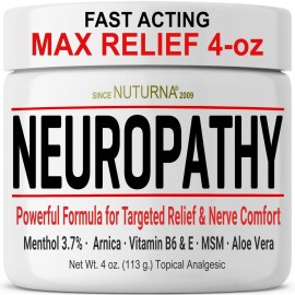 Neuropathy Nerve Relief Cream - Fast Acting Max Relief for Feet Hands Legs Toes Back - Ultra Strength Menthol Arnica Aloe Vera MSM, Soothing Natural Nerve Comfort Relief, Paraben-Free 4 Oz