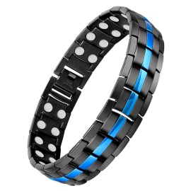 Feraco Magnetic Bracelet for Men Titanium Steel Magnetic Bracelet for Men with Double Row Magnets Adjustable (Black & Blue)